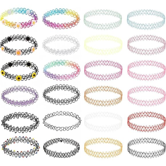 24PC Vintage Tattoo Choker Necklace Set with Daisy Flower Charm in Black Rainbow - Picture 1 of 9